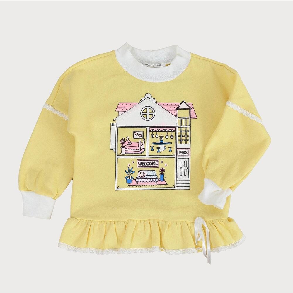 Vintage 80s Yellow Doll House Sweatshirt Cute Ruffle Hem Top 5 6 Girls Childrens